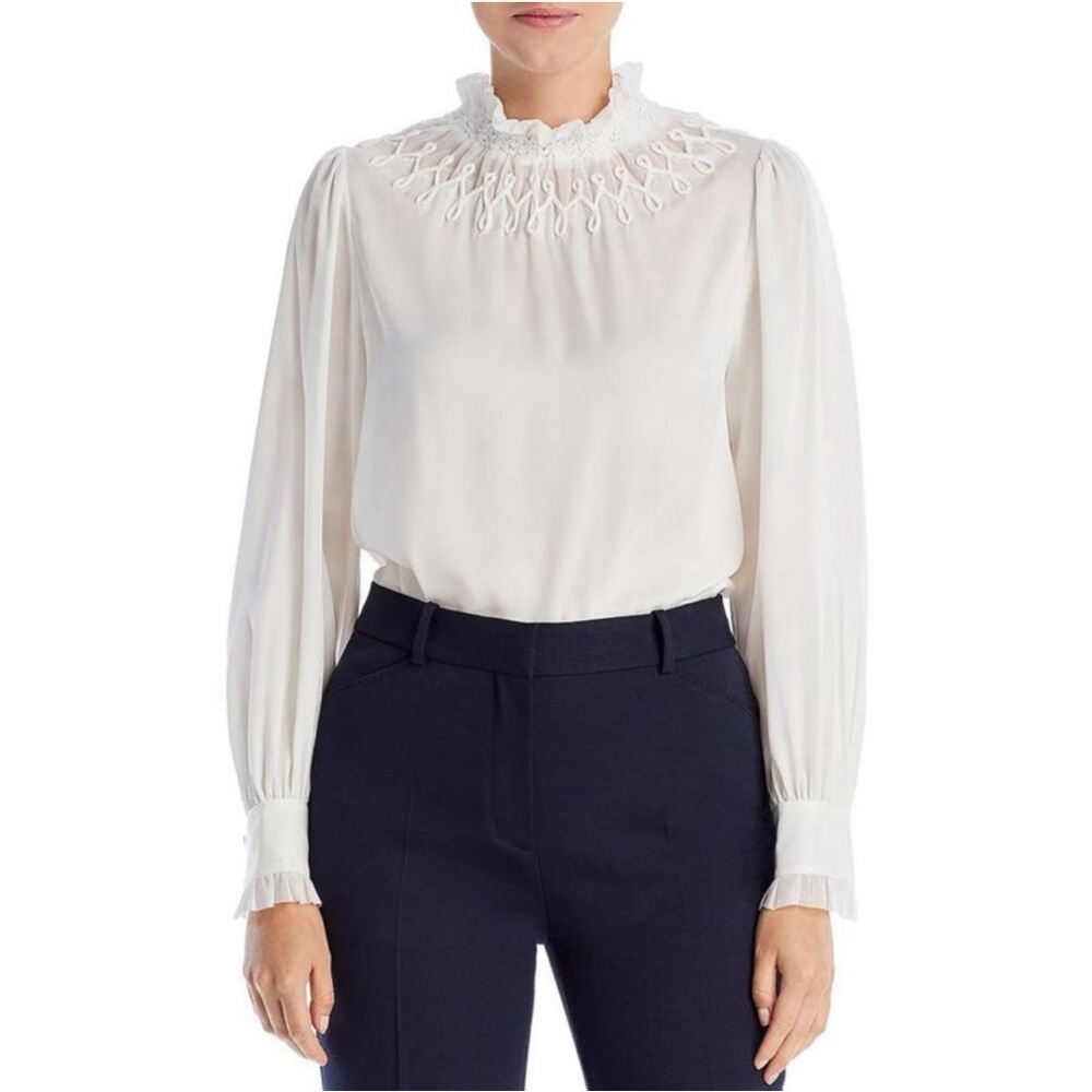 Kobi Halperin Womens Maria Ivory Silk Mock Neck Ruffled Blouse Size Large NWT